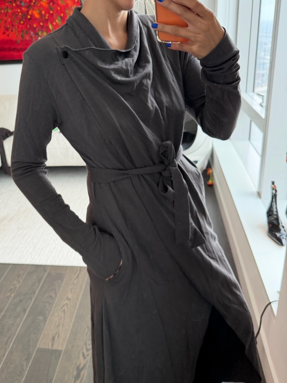 Lunya Organic Pima Cotton Wrap Robe Cardigan in Charcoal | XS/S